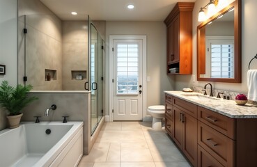 Fototapeta premium Modern bathroom remodel features stylish fixtures, luxurious flooring. New shower, bathtub complete interior design renovation. Home improvement project. Comfortable, clean aesthetic. Generative AI