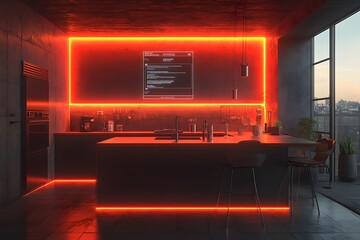 The future kitchen with holographic recipes and voice-activated appliances in realistic VR. A futuristic, convenient vision, perfect for showcasing smart home tech or future kitchen innovations.