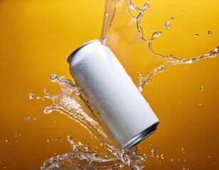 White soda can mockup photo splash of water product photo yellow backdrop floating in the air