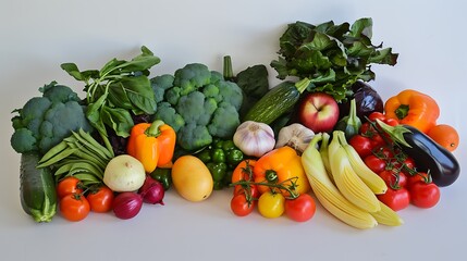 A collection of vegetables and fruits that can be used to make nutrient dense well balanced meals