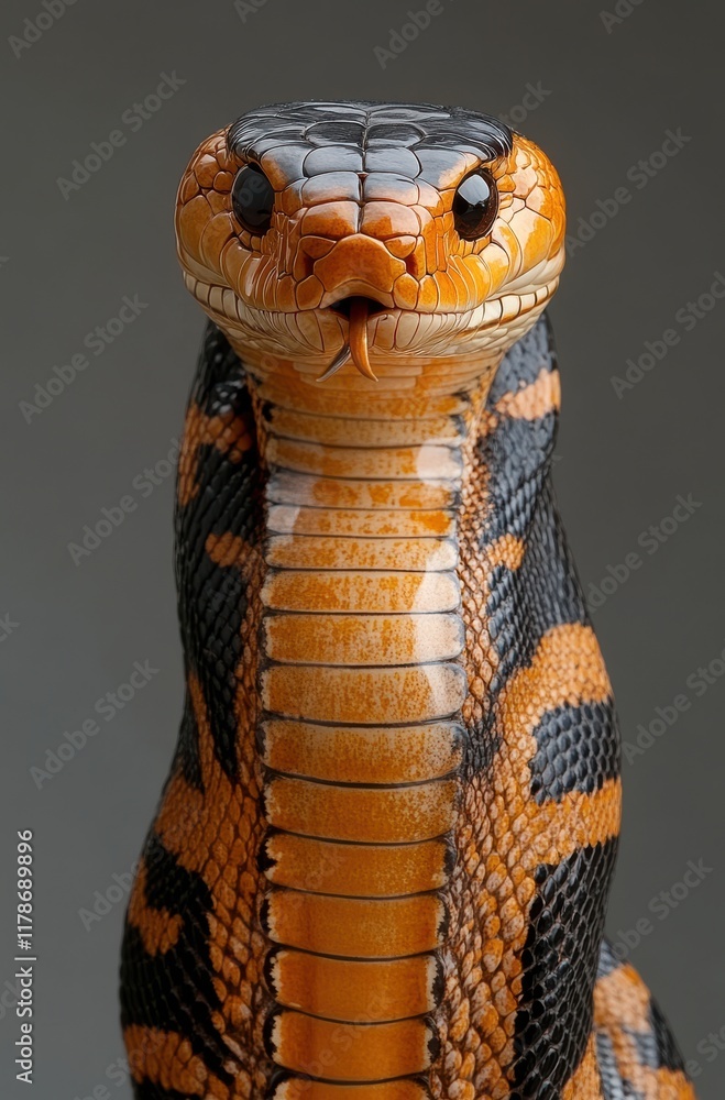 Poster close-up portrait of a colorful snake with intricate patterns and striking orange and black scales, 