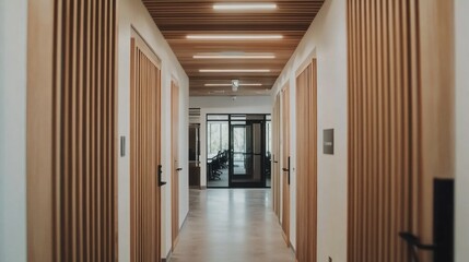 Fototapeta premium Modern office hallway with wood accents and glass doors.