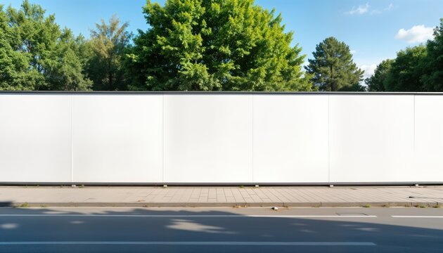 Empty white hoarding stands on city street. Green trees line up behind blank billboard. Urban setting. Ideal for advertising. Modern structure. Blank space ready for poster. Potential for