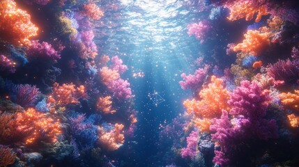 Fototapeta premium A vibrant underwater scene filled with colorful corals and beams of sunlight.