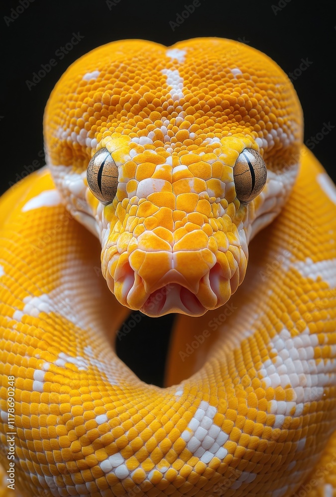 Poster close-up portrait of a vibrant yellow and white python with intricate scale patterns against a dark 