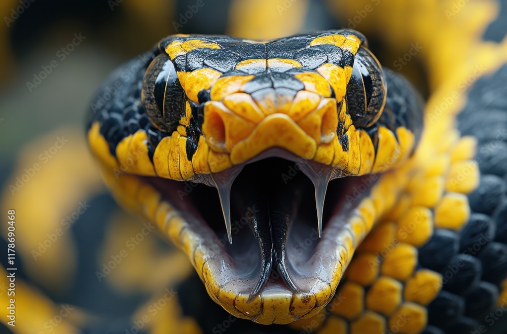 Aufkleber close-up portrait of a vividly colored snake with yellow and black patterned scales displaying its o