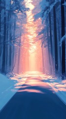 Soft blurred bokeh lights twinkling gently above a quiet forest road covered in snow evoking a tranquil seasonal holiday ambiance