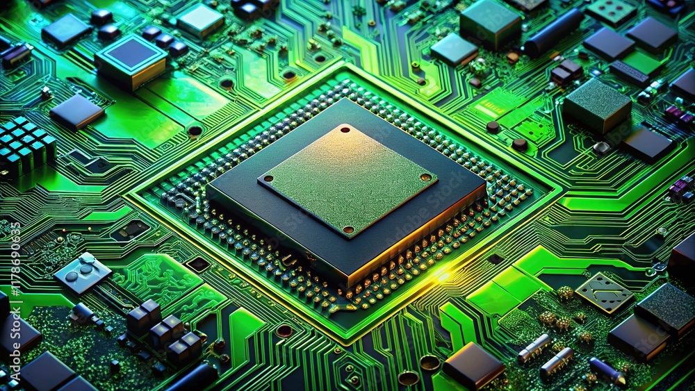 Poster aerial view of green computer chip on gray background - high-tech semiconductor technology