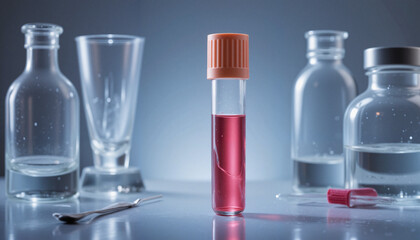 Laboratory test tube with red liquid against glass vials