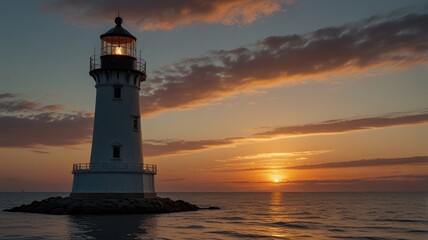 lighthouse sunset,A serene lighthouse standing on a calm sea during sunset

