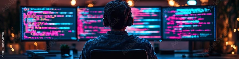 Poster Focused Teen Programmer in Dark Room with Glowing Monitors and Colorful Code