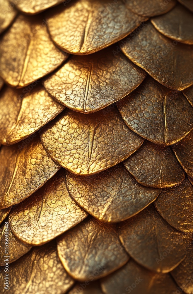 Poster close-up shot of shimmering golden scales displaying intricate texture and reflective properties, pe