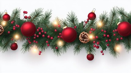 Obraz premium Vector Christmas tree decoration garland with fir branches, red baubles, berries, and glowing lights on a clear transparent background