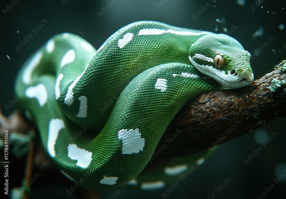 Poster close-up view of a beautiful green snake relaxing on a branch surrounded by a calm aquatic environme