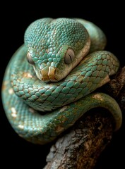 Fototapeta premium Close-Up View of a Beautiful Blue and Green Tree Snake Coiled on a Branch Against a Dark Background in a Natural Habitat