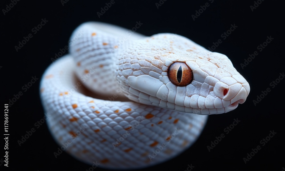 Poster close-up view of a beautiful white and orange morph snake with intricate scale patterns against a da
