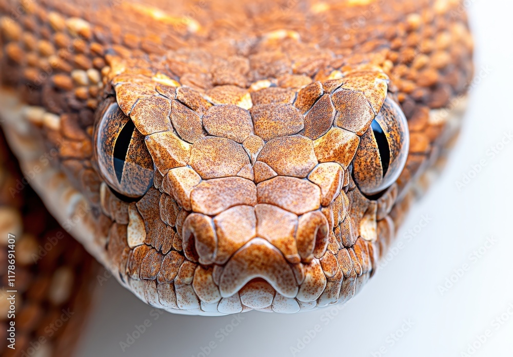 Poster close-up view of a beautifully textured snake head with intricate scales and expressive eyes highlig