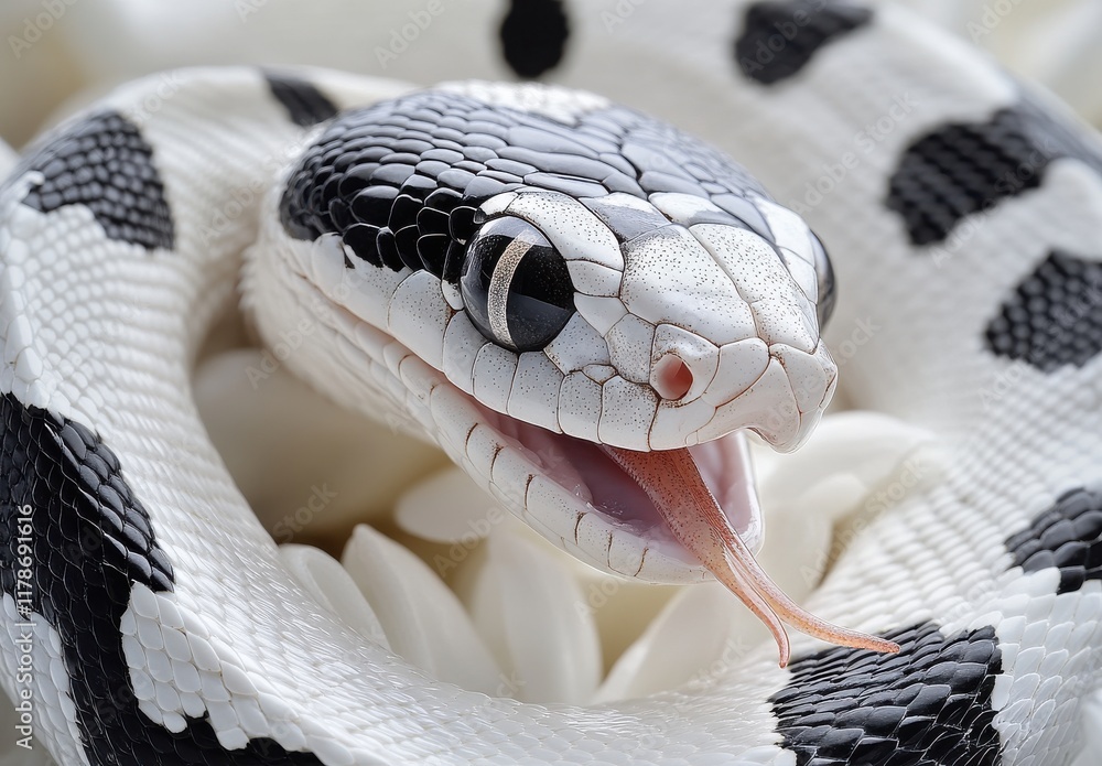 Poster close-up view of a black and white snake with intricate scales and an open mouth, set against a soft