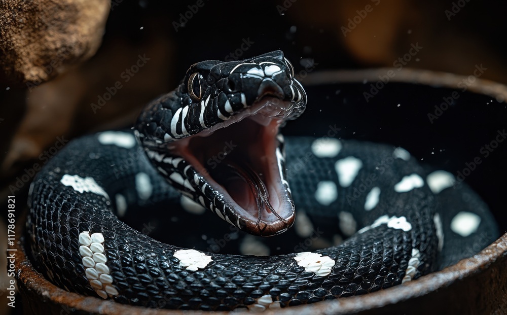 Poster close-up view of a captivating black and white snake with an open mouth captured in a natural enviro
