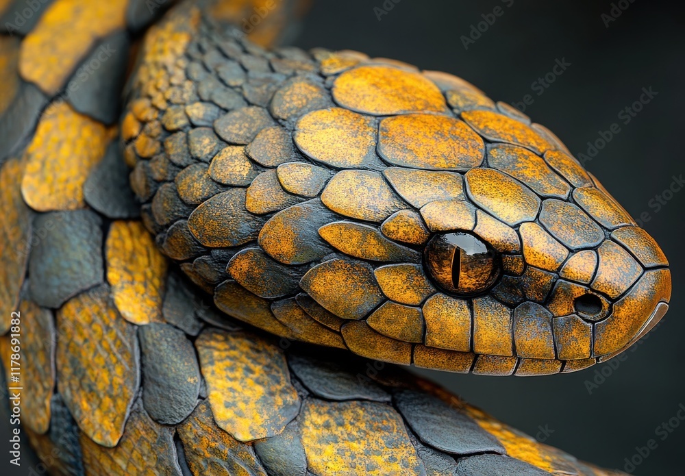 Aufkleber close-up view of a captivating snake with intricate scale patterns and rich golden and brown colors 
