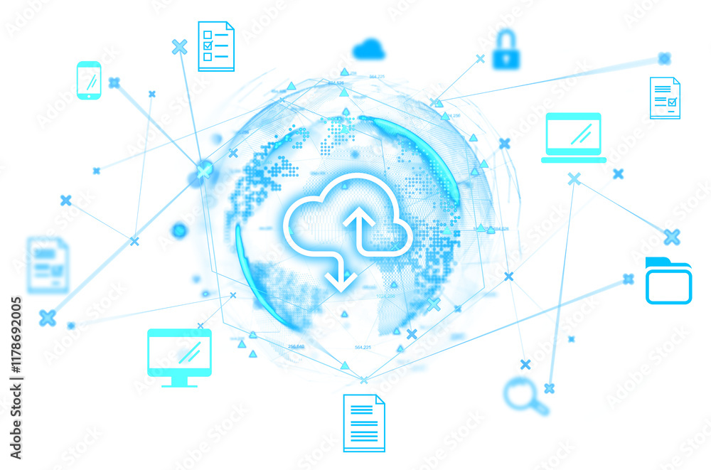 Poster cloud storage concept showing a glowing cloud icon connected to various digital file symbols within 