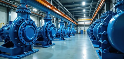 Industrial water pump station room. Rows of blue pumps and pipes are visible. Machinery and equipment are neatly arranged. Modern facility. Large space. Industrial operation in progress.