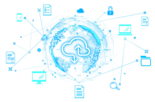 Cloud storage concept showing a glowing cloud icon connected to various digital file symbols within a global network on a white background