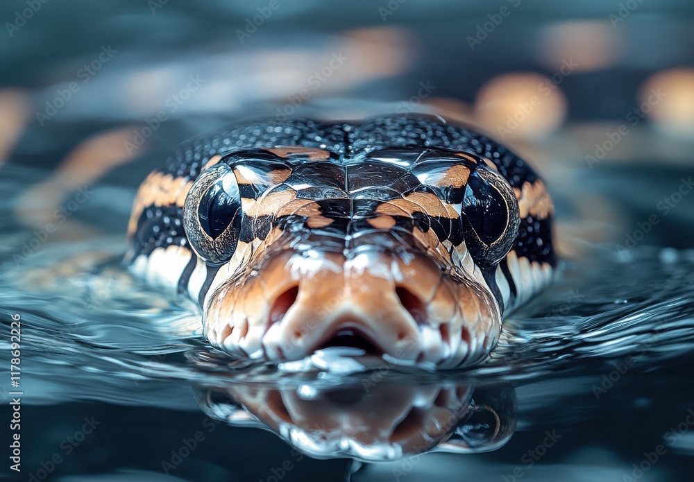 Poster close-up view of a colorful snake emerging from water, showcasing intricate patterns and textures on