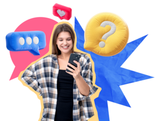 Smiling woman with plaid shirt holding a smartphone, colorful speech bubbles with icons floating around her, white backdrop, communication concept