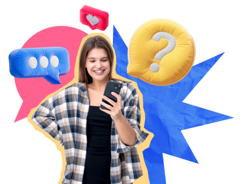 Smiling woman with plaid shirt holding a smartphone, colorful speech bubbles with icons floating around her, white backdrop, communication concept - Powered by Adobe