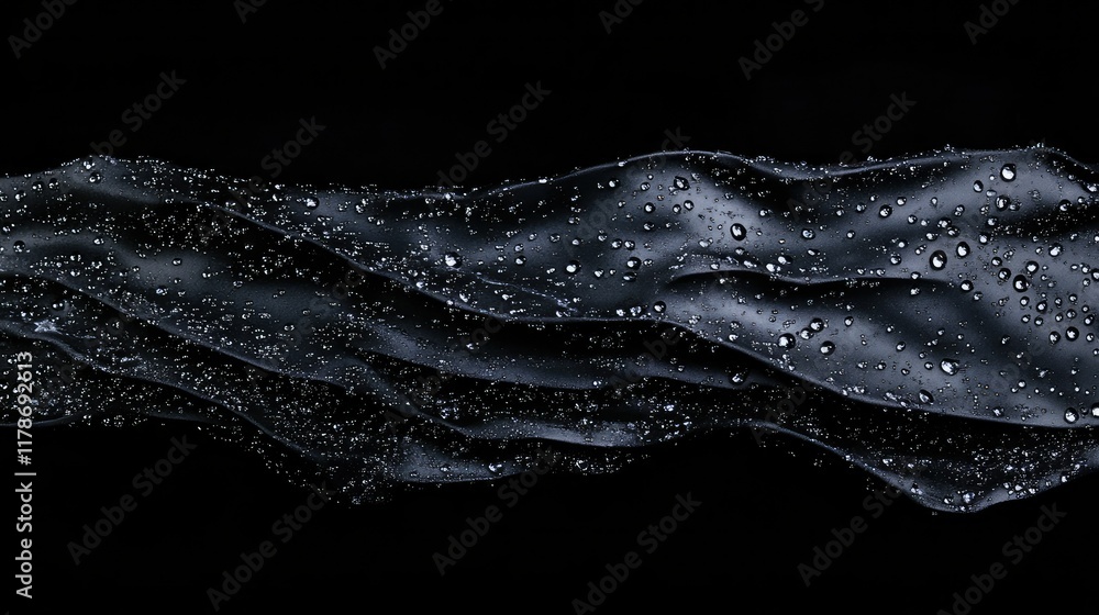 Poster water droplets creating textured patterns on a black background, ideal for abstract art photography 