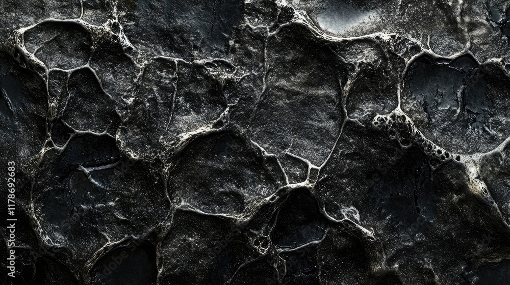 Poster water droplets creating textured patterns on a black background, ideal for abstract art photography 