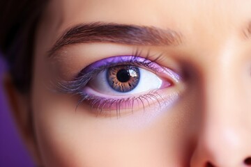 Fototapeta premium The right eye with purple eyelash and eyebrown cosmetics adult forehead.