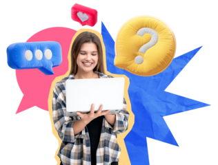 Woman holding a laptop and smiling, surrounded by colorful chat icons. Bright contemporary design elements on a white background. Concept of communication