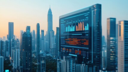 Futuristic city skyline with digital data visualization overlay.