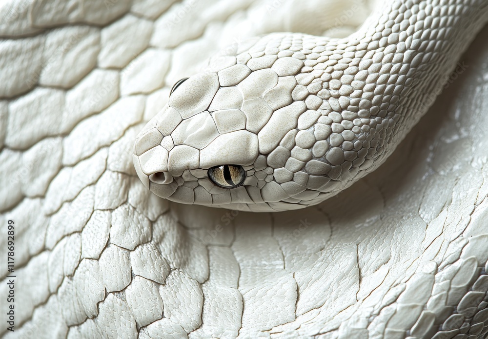 Poster close-up view of a mysterious white snake showcasing intricate scales and distinct features on a sof