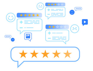 Customer reviews and feedback represented with speech bubbles, stars, and emoticons on a white background. Concept of online review and satisfaction