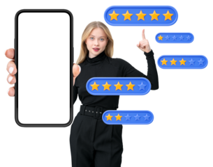 Woman holding smartphone mockup in her hand, surrounded by blue and gold star rating icons. Isolated on a white background, showcasing feedback concept