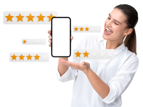Woman holding smartphone with blank screen, surrounded by rating stars, on white background. Represents online reviews, ratings, and customer feedback
