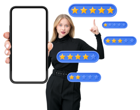 Woman holding smartphone mockup in her hand, surrounded by blue and gold star rating icons. Isolated on a white background, showcasing feedback concept