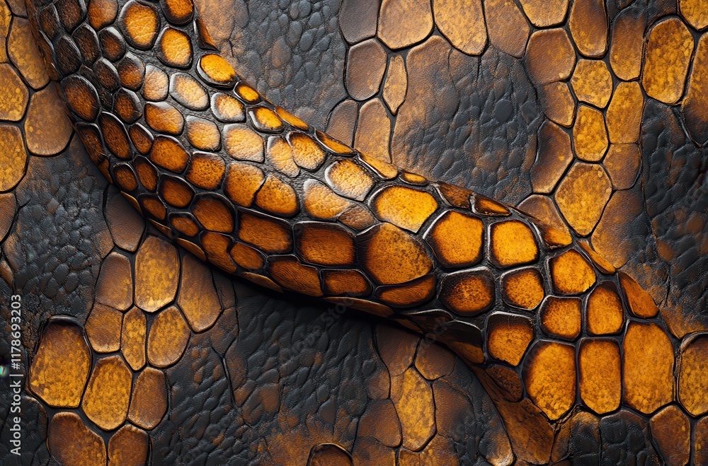 Poster close-up view of a textured snake skin showing intricate patterns and vivid colors in shades of oran