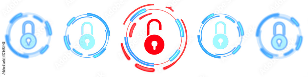 Poster multiple padlock icons in blue and red hues, surrounded by circular digital patterns, isolated on wh