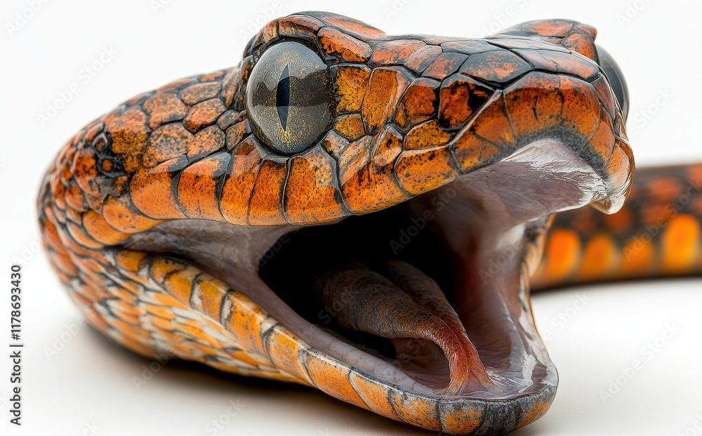 Poster close-up view of a vibrantly colored snake with intricate patterns and expressive eyes in a studio s