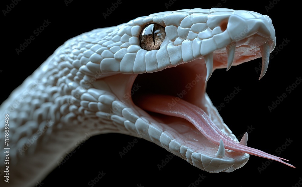 Aufkleber close-up view of a white snake with an open mouth, showcasing intricate scales and sharp fangs again