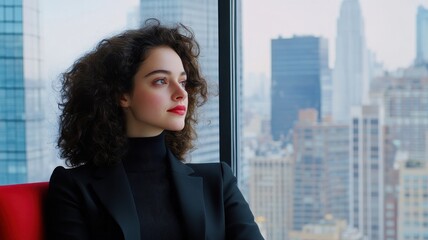 Fototapeta premium A young woman with curly hair sits thoughtfully in a cozy caf?, lost in her reflections and dreams.