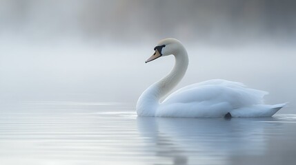 Obraz premium Elegant swan on misty lake at dawn; serene nature scene for peaceful designs.