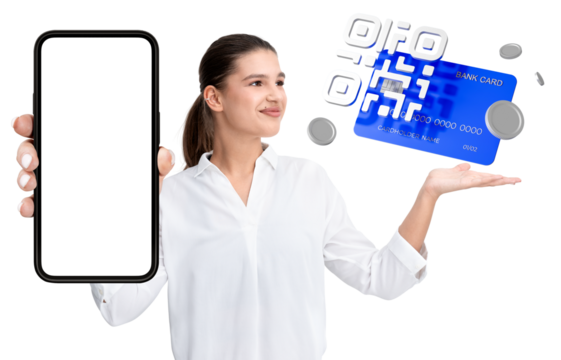 Woman holding a blank smartphone screen and a floating bank card with QR code, isolated on white background, concept of online shopping and payment