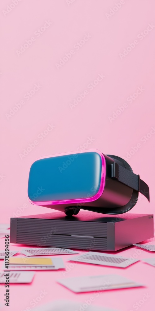 Poster neon glow vr headset on retro gaming console with floppy disks fusion of vintage and modern tech