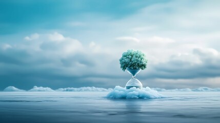 A surreal image of an hourglass with a tree growing from it, floating on calm water under a serene sky, symbolizing time and nature.