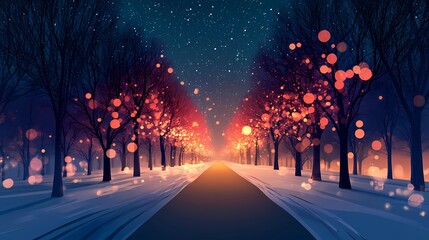 Soft blurred bokeh lights twinkling gently above a quiet forest road covered in snow evoking a tranquil seasonal holiday ambiance